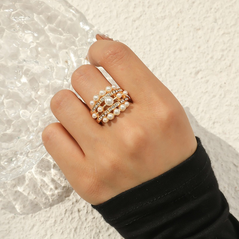 Faux Pearl Ring Zircon Adjustable Open Ring Party Jewelry Christmas Gift